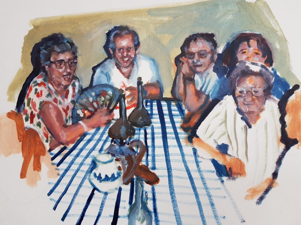 Spanish Dinner, oil painting over paper, A3, 2019